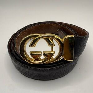 Gucci Black Pebbled Leather Belt with Gold Double G Buckle